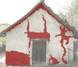 Restaurierung Waschhaus Lütishofer Chorhof, Beromünster LU. Visualisierung zementhaltiger/problematischer Ergänzungen an der Ostfassade des Waschhauses.