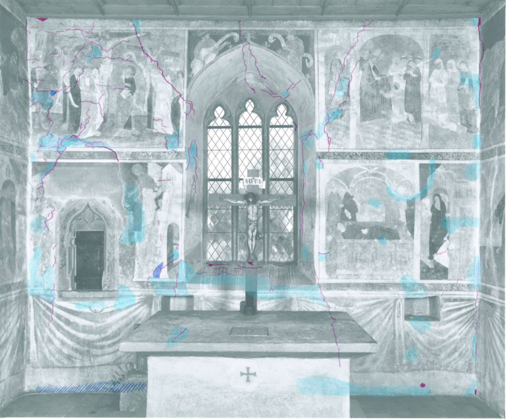 Konservierung und Reinigung St. Leonhardskapelle, Landschlacht TG. Schadenskartierung der Ostwand im Chor.