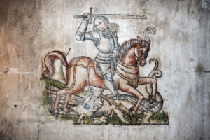 Freilegung Wandbilder Altstadthaus, Aegeristrasse 3, Zug. Freilegung der durch eine Sondage sichtbar gemachte Malerei zeigt den Hl. Georg auf der Ostwand.