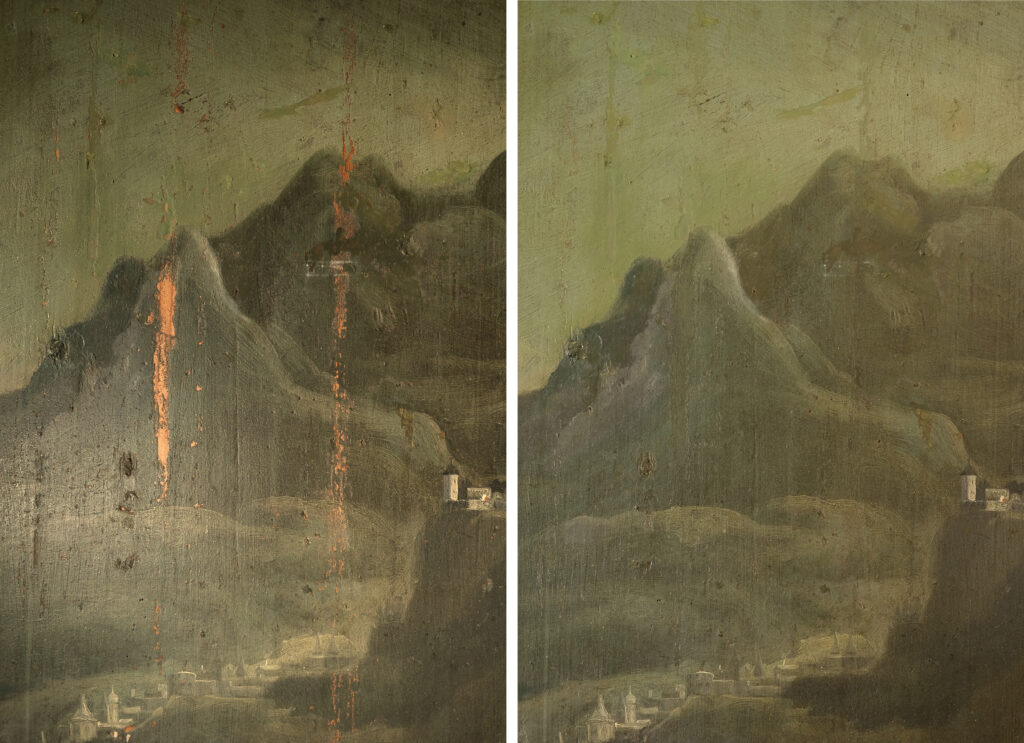 Restaurierung Wandoberflächen & Malereien, Schloss Hegi, Winterthur ZH. Gessnerhaus, Jagdzimmer. Das Täfer weist Ölmalereien auf, welche wenige Fehlstellen hat. Diese Fehlstellen wurden mit einem Acrylat und Pigmenten retuschiert. Vorzustand links und Schlusszustand rechts.