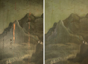 Restaurierung Wandoberflächen & Malereien, Schloss Hegi, Winterthur ZH. Gessnerhaus, Jagdzimmer. Das Täfer weist Ölmalereien auf, welche wenige Fehlstellen hat. Diese Fehlstellen wurden mit einem Acrylat und Pigmenten retuschiert. Vorzustand links und Schlusszustand rechts.