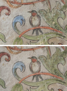 Restaurierung Wandoberflächen & Malereien, Schloss Hegi, Winterthur ZH. Hinterhaus, Untere Vogteistube. Die Wandmalerei auf der Ostwand wurde mit Tylose gefestigt und die Fehlstellen mit Aquarellfarben retuschiert. Vorzustand oben und Schlusszustand unten.