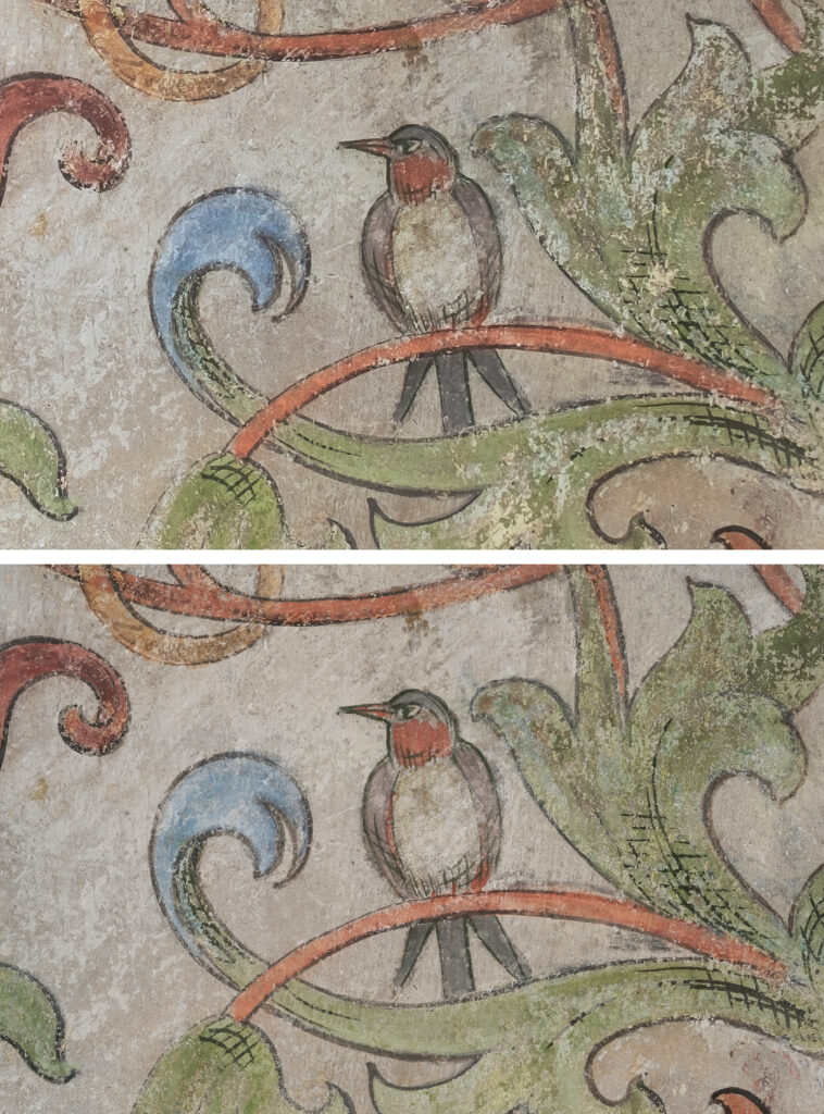 Restaurierung Wandoberflächen & Malereien, Schloss Hegi, Winterthur ZH. Hinterhaus, Untere Vogteistube. Die Wandmalerei auf der Ostwand wurde mit Tylose gefestigt und die Fehlstellen mit Aquarellfarben retuschiert. Vorzustand oben und Schlusszustand unten.