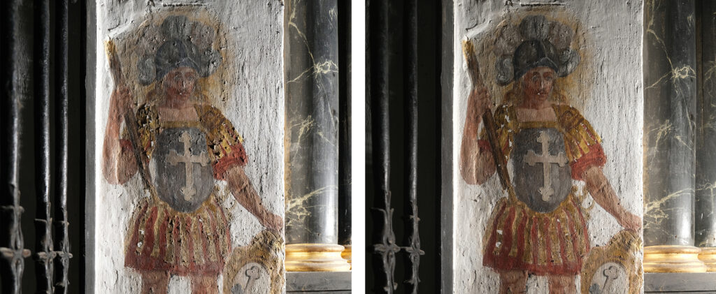 Notkonservierung Wand-/Deckenbilder, Dreibeinskreuzkapelle, Bürenstrasse 54, Solothurn. Thebäer Hl. Victor, Chorbogen rechts, Vorzustand (links) und Schlusszustand (rechts) im Streiflicht.